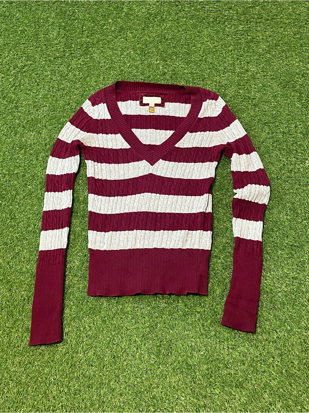 American Eagle Outfitters Burgundy and Cream Striped V-Neck Sweater